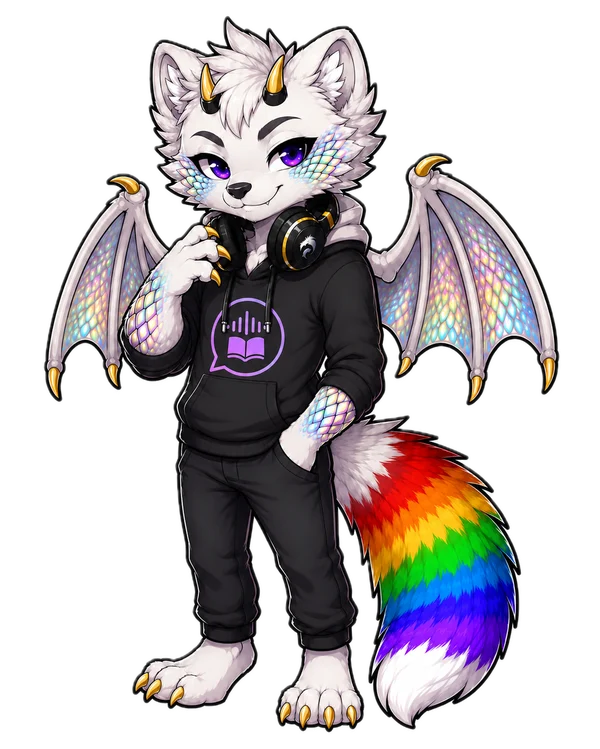Tale, TaleCast's mascot — a white arctic fox-dragon with a rainbow tail, iridescent wings and headphones, wearing a TaleCast hoodie